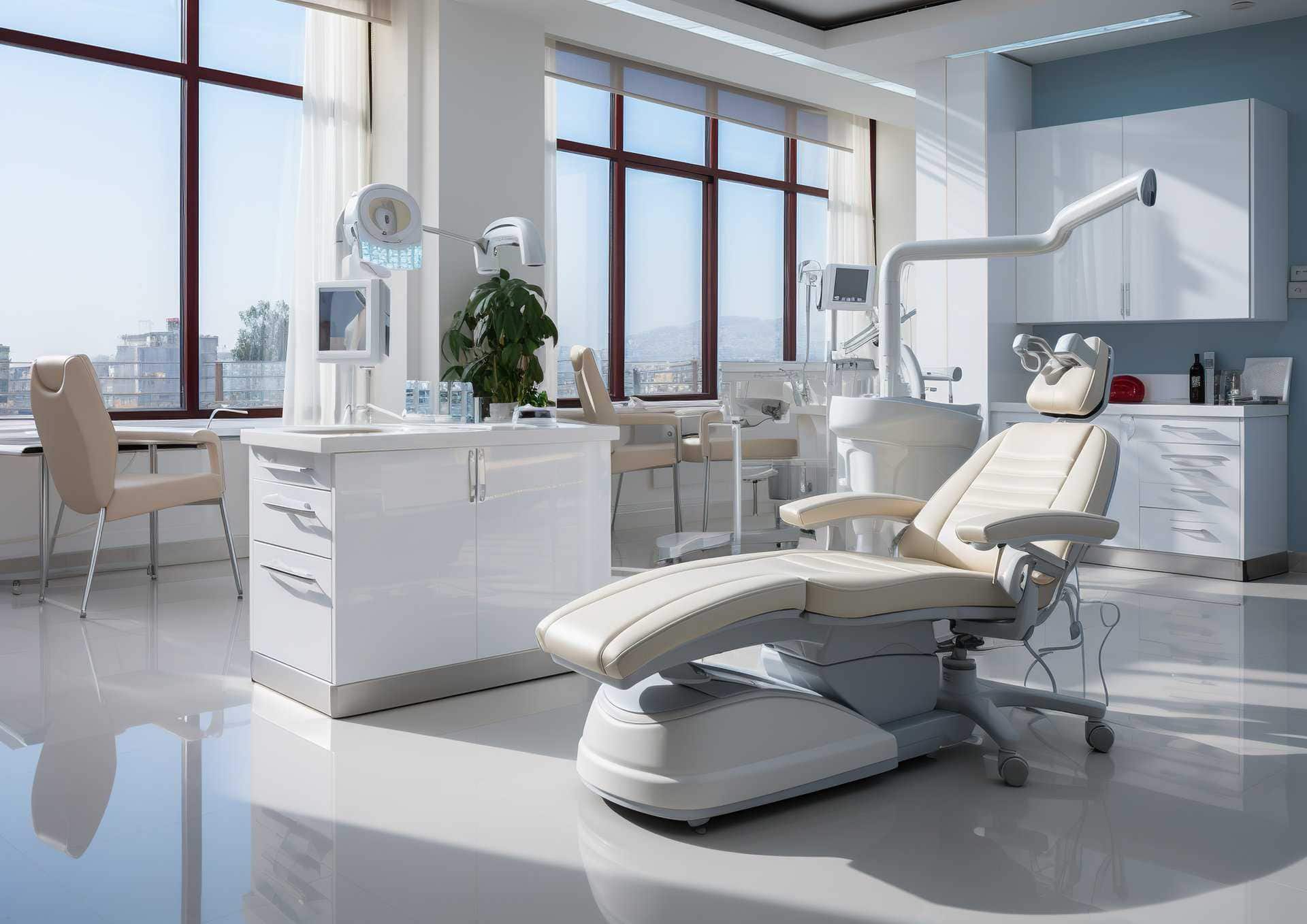 exam chair in beautiful operatory and modern dental office